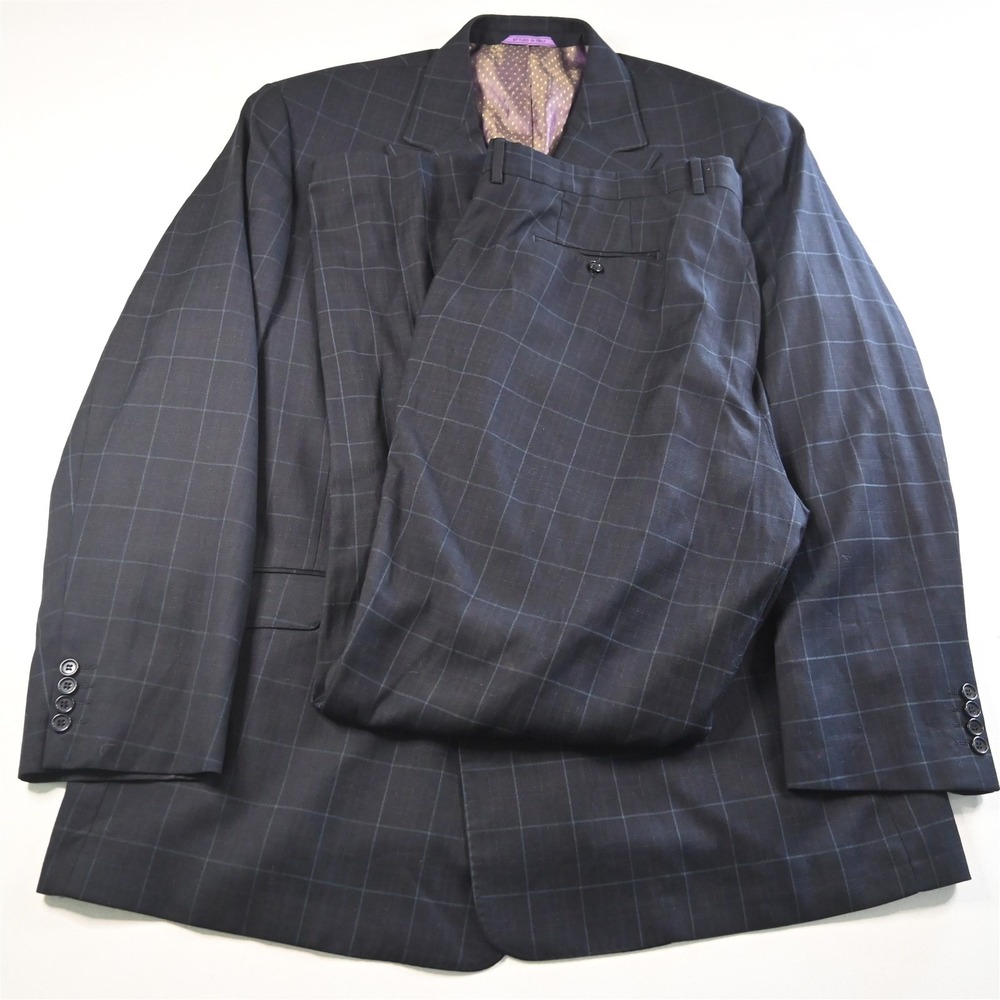 Magic Johnson 52L 46x36 Blue Plaid Double Breasted‎ Mens Jacket Pants Suit